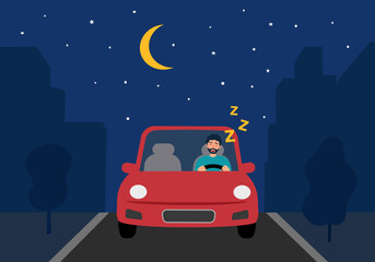 Tired sleepy male driver at night in flat design.