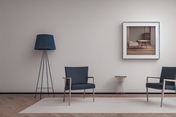 Living room design with empty frame mockup, two wooden chairs on white wall, copy space, 3d render, 3d illustration