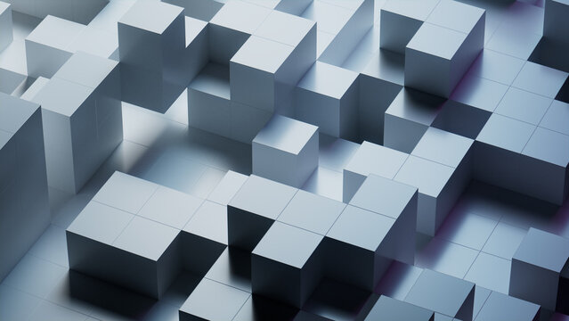 Perfectly Constructed Glossy Blocks. Grey, Futuristic Tech Wallpaper. 3D Render.