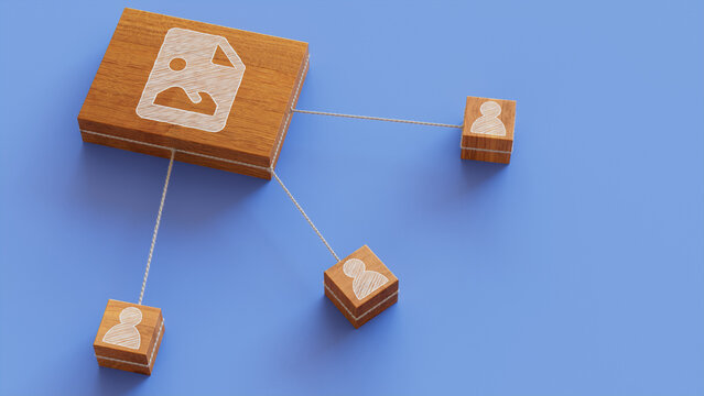 Image Technology Concept with picture Symbol on a Wooden Block. User Network Connections are Represented with White string. Blue background. 3D Render.