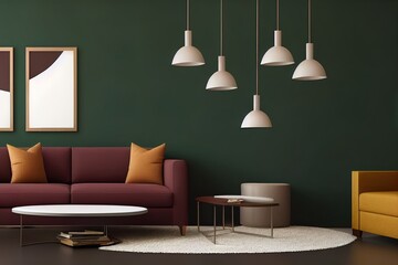 Living room with dark brown armchair on empty dark green wall background.3d rendering