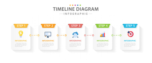 Infographic template for business. 5 Steps modern Timeline diagram calendar with rectangle title and icon, presentation vector infographic.