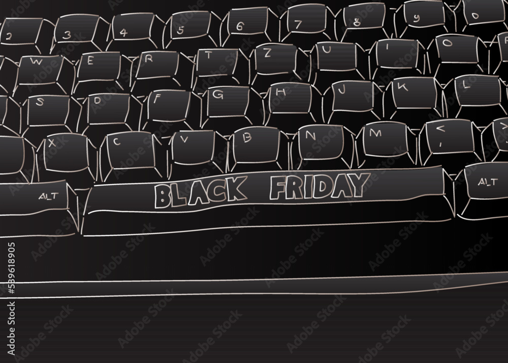 Poster computer keyboard with black friday text. close-up of an electronic computer device part, keypad.
