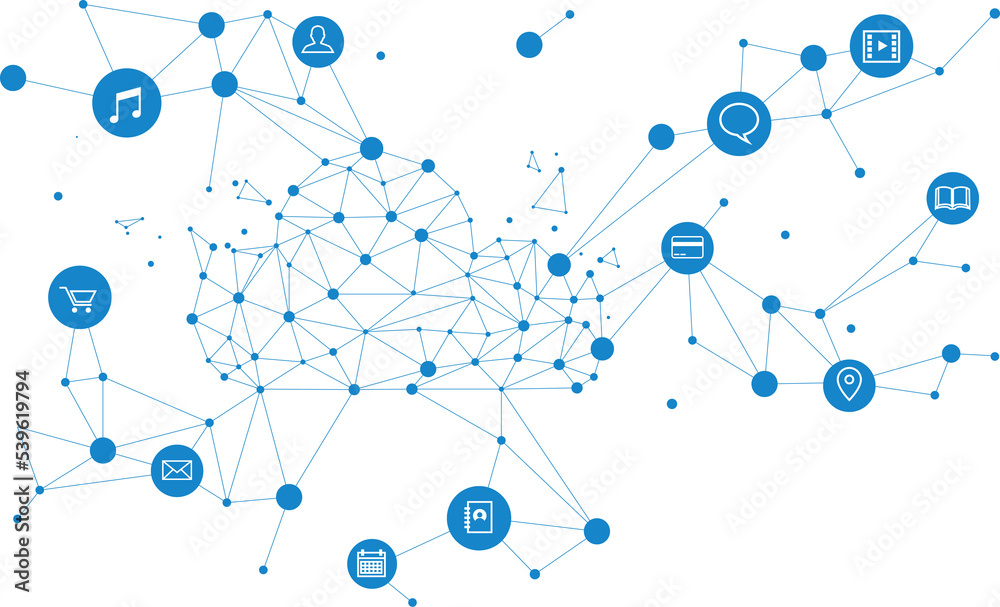 Poster Cloud computing network technology polygon dot connected line with icon : Concept of cloud server, Storage and data