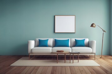 Beige interior with blank wall, sofa and decor. 3d render illustration mock up.