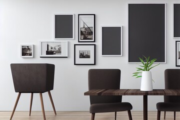 Interior of modern dining room with white walls, wooden floor, long table and two vertical mock up poster frames. 3d rendering