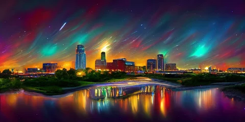 Fototapeten night Wichita skyline along Arkansas river with twinkling stars and aurora borealis © SR Creative Idea