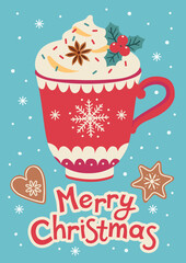 Merry Christmas postcard with cup of hot chocolate and cookies. Vector flat illustration