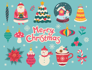 Merry Christmas vector collection. Flat illustration. Retro style