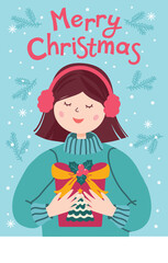 Girl with gift box. Vector holidays illustration. Merry Christmas