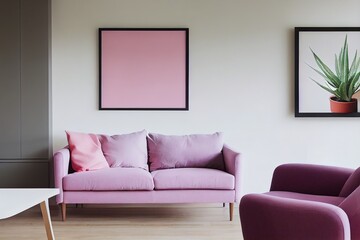 Pink chair next to grey cabinet in living room interior with plants and mockup of poster. Real photo