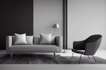Armchair in gray living room with free space for mockup, 3D rendering