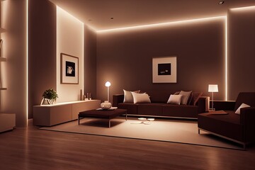 contemporary living room interior in the evening with lamp light, dark living room mock up, 3d rendering