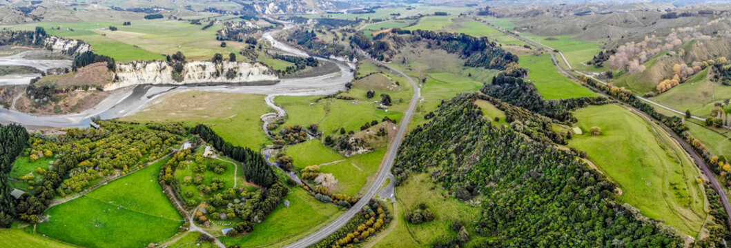 Aerial drone panorama image of Mangaweka River Valley on the North Island of New Zealand