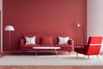 modern living room with red armchair and sofa. scandinavian interior design furniture. 3d render illustration