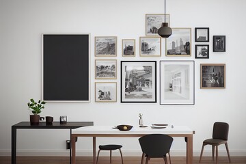 mock up poster frame in modern interior background, dinning room, Scandinavian style, 3D render, 3D illustration