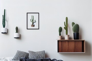 The stylish interior with concept shelfs, mock up poster frame and cactus in hipster pot. Modern room with white walls.