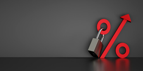 Red percentage icon with upward arrow and lock on black background. Concept for fixed interest rates. 3D rendering.