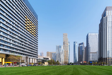 Obraz premium city park with modern building background in shanghai