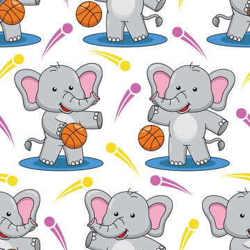 Cartoon elephant playing basketball seamless pattern design 