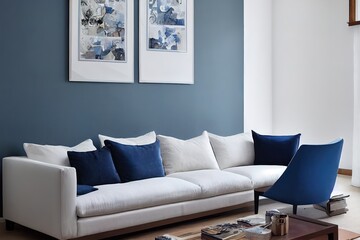 Trendy living room interior with white and blue wall and comfortable couch