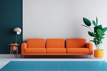 mock up furniture decoration in modern interior background, living room, Scandinavian style, orange chairs, plants, Blue wall background, 3D render, 3D illustration