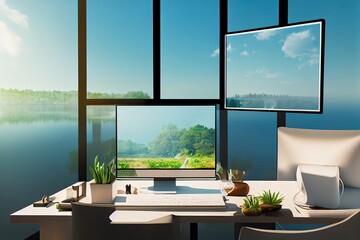 Fototapeta premium Modern home workplace interior design with PC computer desktop mockup for display your graphic and accessories on table over blurred beautiful nature lake in background. 3d rendering, 3d illustration