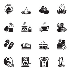 Massage & Spa black glyph icon set.