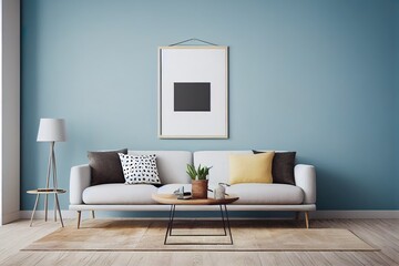 Modern living room interior composition with mock up poster frame, beige sofa, wooden side table and small home decorations. Creative home staging. White wall. Copy space. Template.