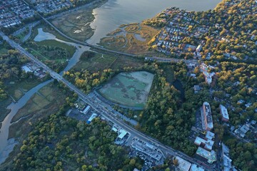 aerial view of new york at sunset