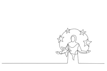 Drawing of five stars performance score by muslim woman. Metaphor for feedback and comments. One line art style