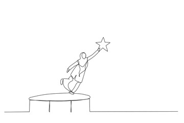 Illustration of muslim woman bounce on trampoline jump flying high to grab star. Metaphor for achievement. Single line art style