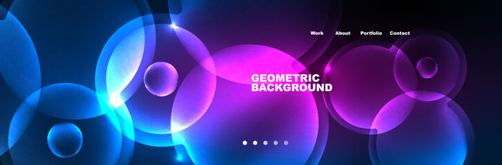 Shiny neon circles and bubbles, dark abstract background with blurred magic neon light, wallpaper design