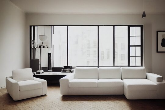 modern fictitious living room with white sofa and copy space for your own image.
