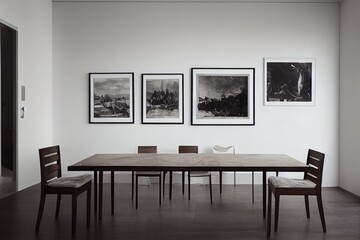 Dining table by the white wall with posters in spacious lounge