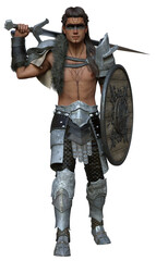 3D rendered handsome young male viking with bare chest on transparent background in fighting pose - 3D illustration