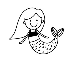 Little cute mermaid. Funny character. Outline doodle illustration isolated on white for coloring book