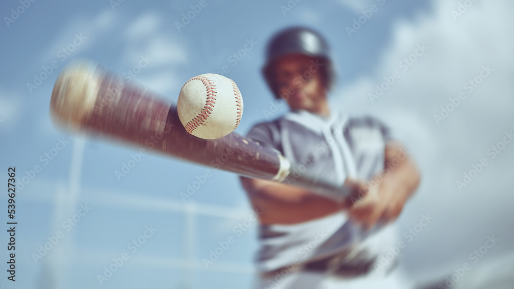 Canvas Prints Baseball, baseball player and bat ball swing at a baseball field during training, fitness and game practice. Softball, swinging and power hit with athletic guy focus on speed, performance and pitch