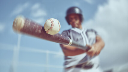 Baseball, baseball player and bat ball swing at a baseball field during training, fitness and game...