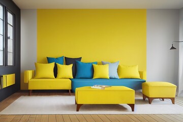 Modern and classic living room interior design, Spring Summer house concept , yellow armchair with woodfloor and blue wall,3d rendering