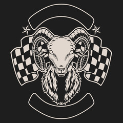 Light brown goat's head logo with additional 2 flags for racing. Vector inspiration. Design element for logo,community logo,tshirt,emblem,poster. Vector illustration.