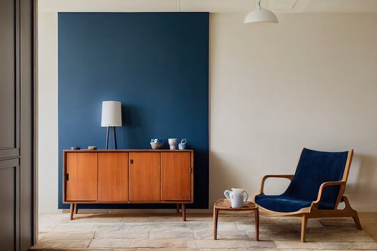 Wooden cupboard next to blue armchair in cozy living room interior with beige settee
