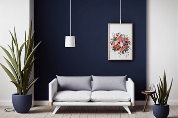 Interior floral poster mock up with vertical wooden frame, table lamp, , accessories and flowers in vase on the white wall background. Concept with navy blue shelf.