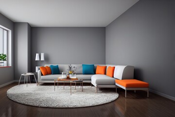 Modern minimalist gray, beige interior with orange sofa, carpet and decor. 3d render illustration mockup.