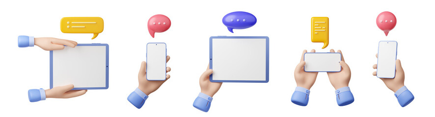 3D illustration set of hands with gadgets and chat message bubbles. People texting from smartphone, tablet with touchscreen in vertical, horizontal position. Communication in social media messenger