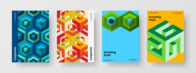 Vivid booklet vector design layout bundle. Simple mosaic tiles handbill concept collection.