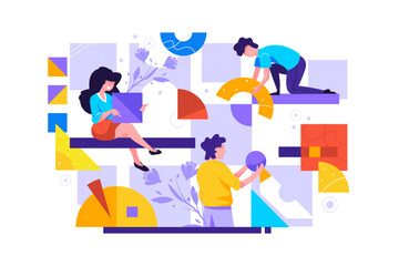 Fototapeta premium Vector illustration group of people arranging abstract geometric shapes. 