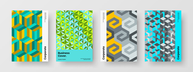 Fresh geometric tiles brochure illustration bundle. Bright cover design vector template set.