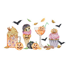 Watercolor Halloween illustration with spooky drinks, coffee and sweets