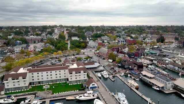 Aerial Pullout To Harbor At Newport Rhode Island